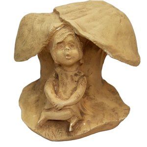 ANN ENTIS Dave Grossman Terracotta Sculpture Child Under Mushroom Vintage 1970s